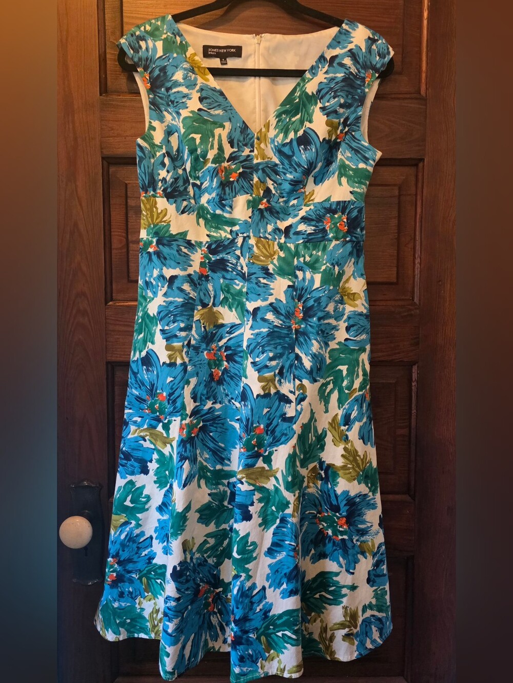 Jones New York Women's V-Neck Fit & Flare Dress Blue Green Floral 8